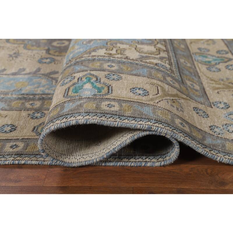 Beige Geometric Tabriz Persian Vintage Rug Hand-Knotted Wool Carpet - 6'3" x 9'1"