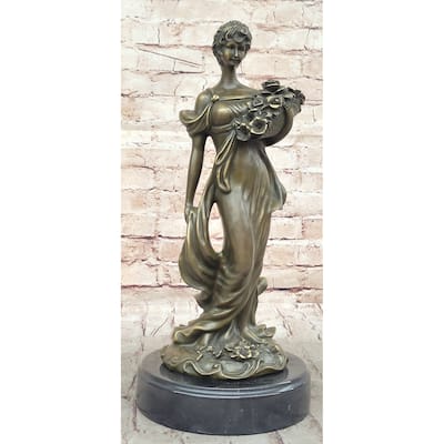 Young Woman Holding Basket Of Flowers - Art Deco Nouveau Bronze Sculpture By Milo
