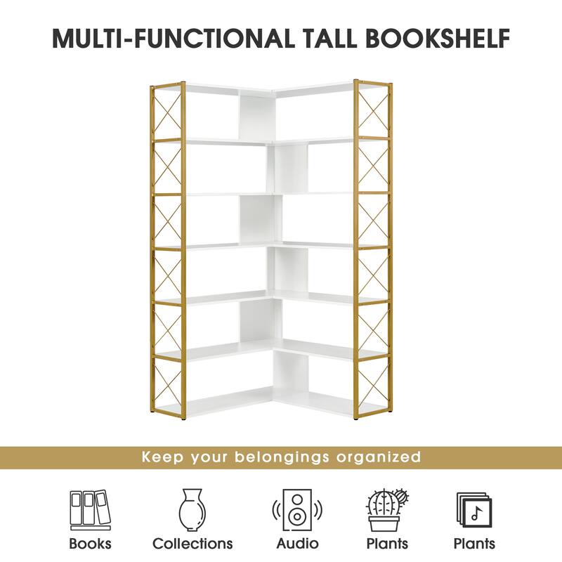 7-Tier Bookcase Home Office Bookshelf, L-Shaped Corner Bookcase with Metal Frame