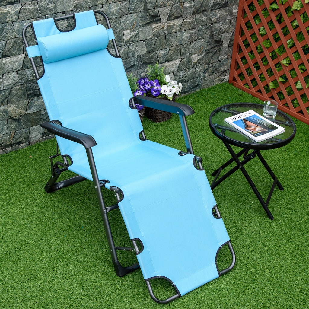 Convertible Outdoor Folding Chaise Lounger with Adjustable Backrest, Pillow and Pocket for Patio Beach Lawn