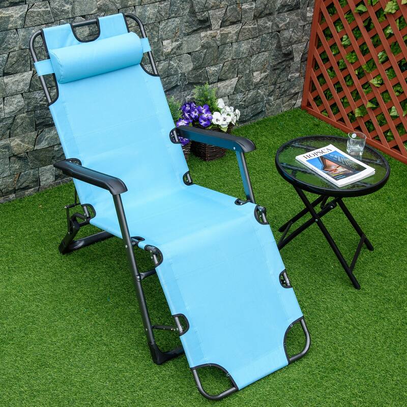 Outdoor Folding Chaise Lounge, 2-in-1 Tanning Chair with Pillow，Armrests & Pocket