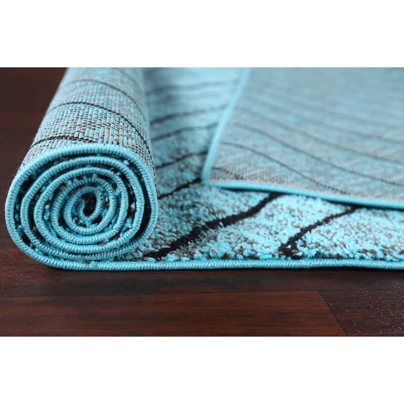 Turquoise Blue Chevron Style Transitional Turkish Rug Oriental Carpet