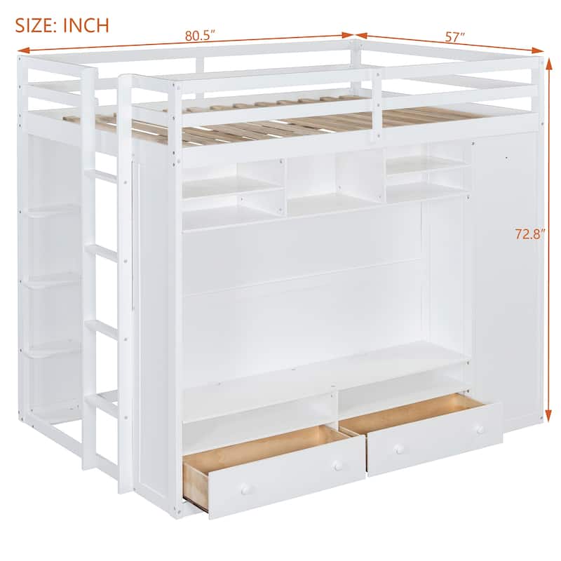 Full Size Loft Bed with TV Stand and Drawers, Teens Kids Storage Bed Frame with Shelves, Wardrobe and LED Light