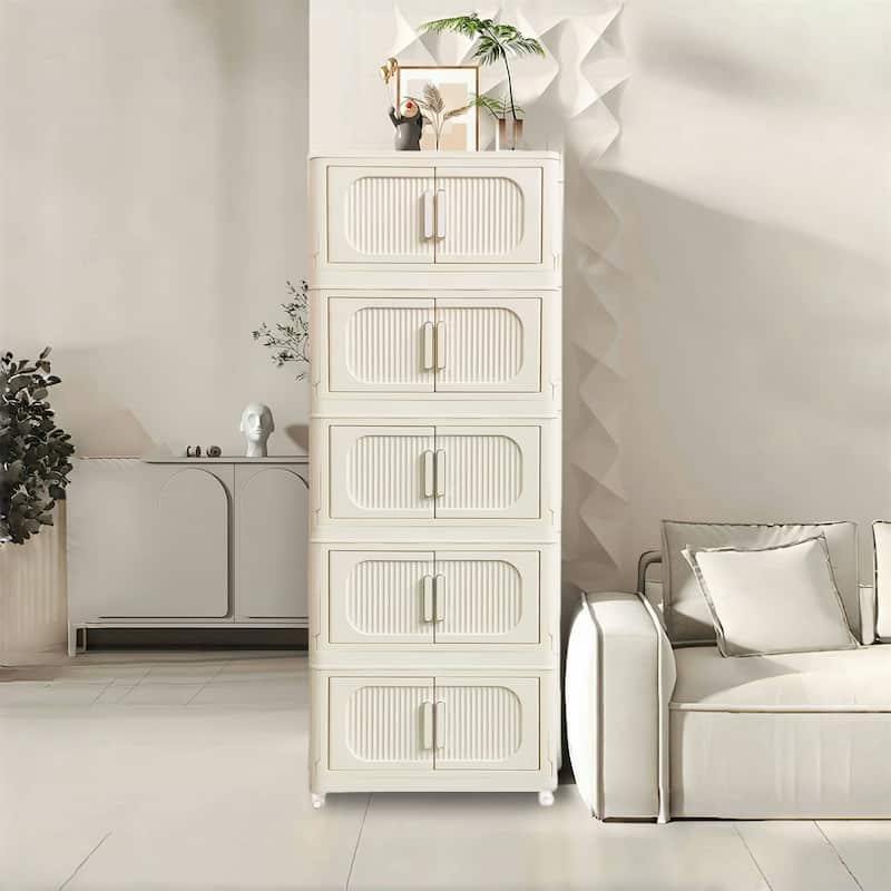 5 Tiers Cream White 19.69" Side Wide Folding Storage Cabinet - Cream White