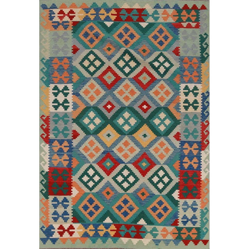 Hand Woven Oriental 100% Wool Carpet Southwestern Geometric Multi-Colored Kilim Area Rug - 8' 3'' X 5' 8''