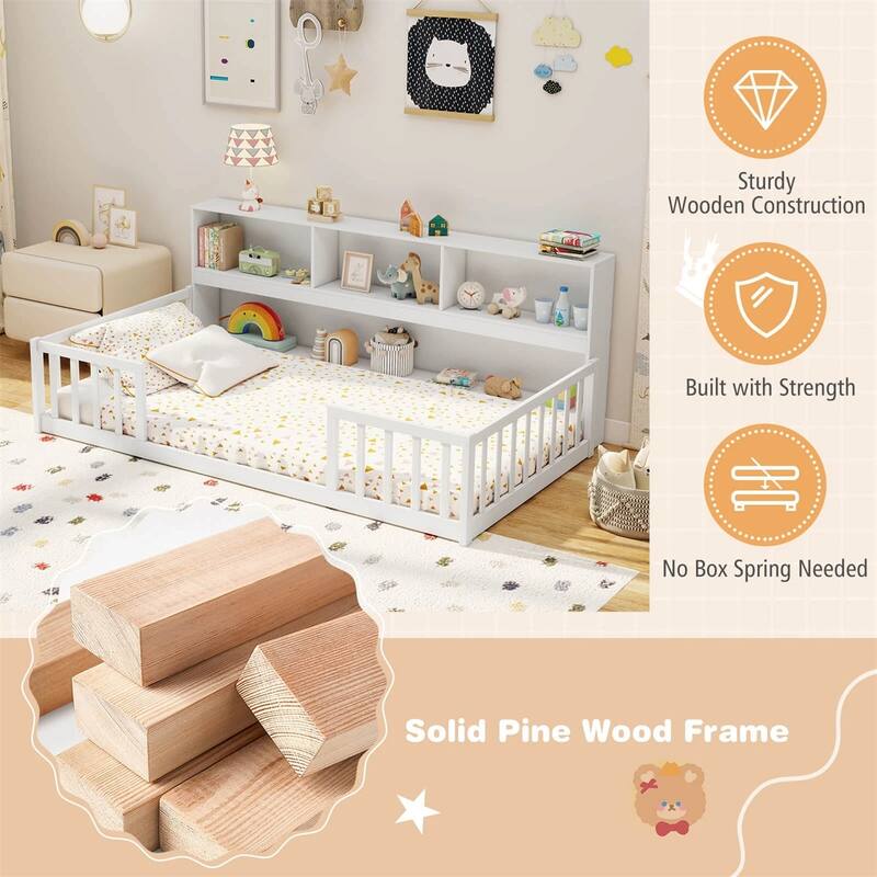 Pine Wood Twin Montessori Floor Bed with Bookshelf and Safety Rails