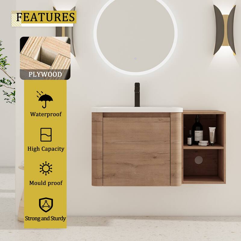 36'' Wall-Mounted Bathroom Vanity with White Ceramic Sink and Storage Shelves & 1-Soft-Close Door, KD-Packing, Plywood