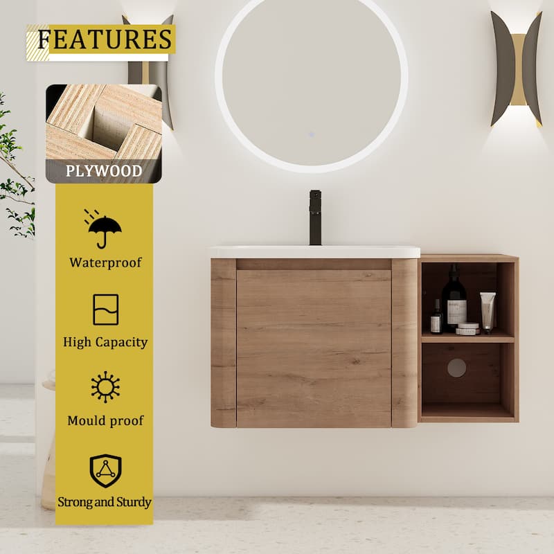 Wall-Mounted Bathroom Vanity with Ceramic Sink and Storage Shelves