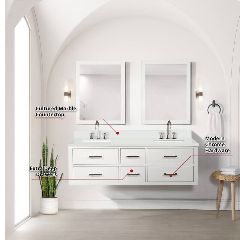 Castor 60 in W x 22 in D Black Double Bath Vanity, Cultured Marble Top, and 28 in Mirrors