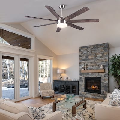 Indoor & Outdoor Smart Ceiling Fan Light with 7 Wood Grain Blades, 62" Ceiling Fan with Dimmable LED Light, App and Remote