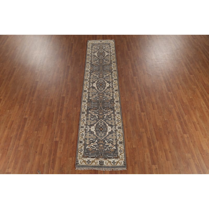 All-Over Gray Oushak Oriental Runner Rug Hand-Knotted Wool Carpet - 2'7"x 11'2"