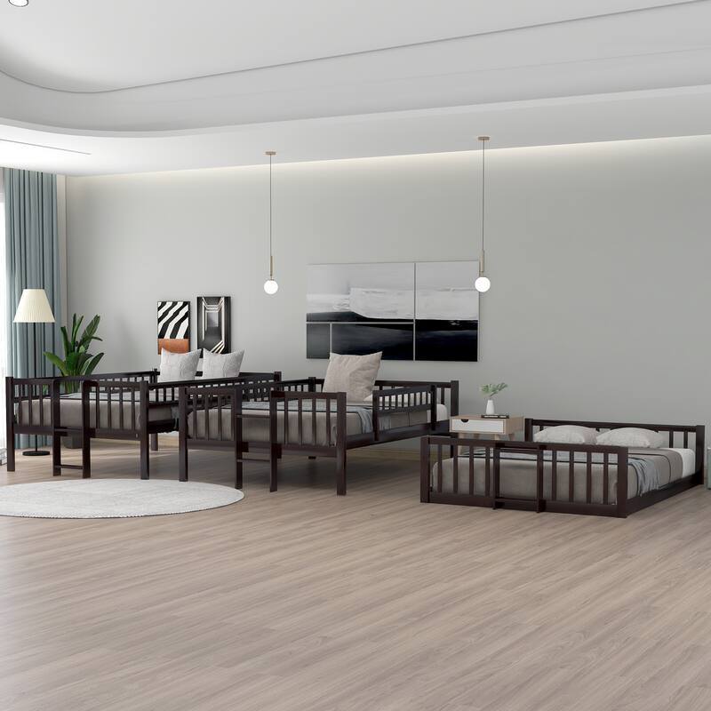 Roomfitters Full Over Full Over Full Triple Bunk Bed with Built-in Ladders, Convertible Slide, and Guardrails