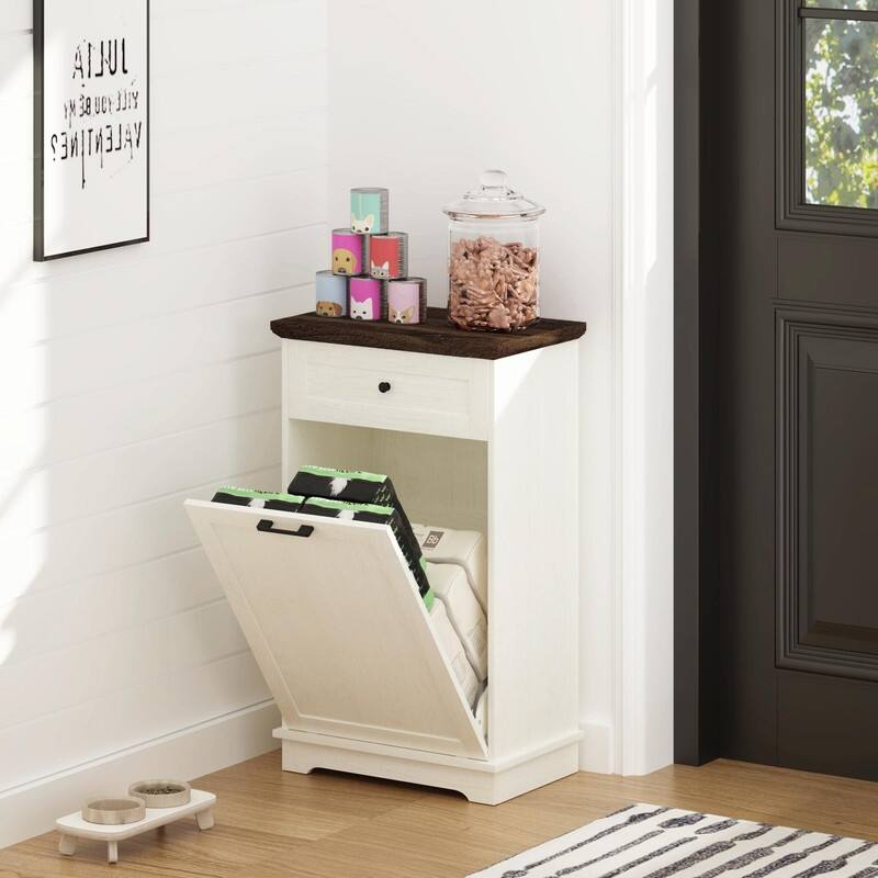13 Gallon Tilt-Out Trash Can Cabinet, Freestanding Wooden Garbage & Recycling Bin with Hideaway Drawer(Trash Can Not Included)
