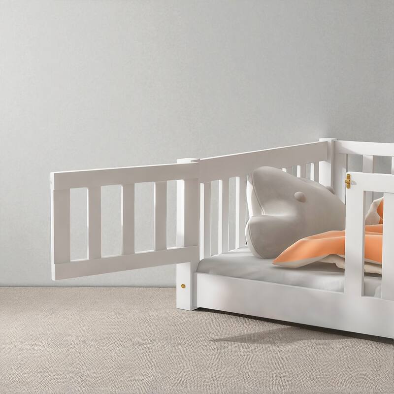 Twin Size Floor Bed with Fence and Door, Rubber Wood Frame with Safety Guardrails