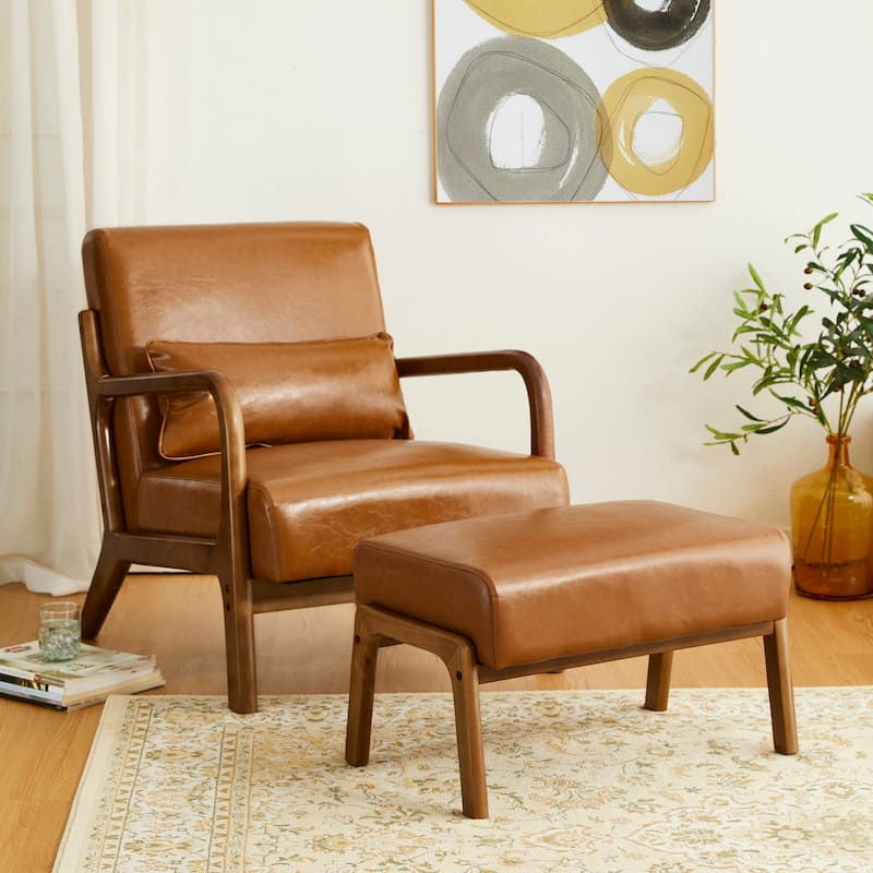 Glitzhome 30.75"H Mid-Century PU Leather Armchair with Ottoman Set - Camel