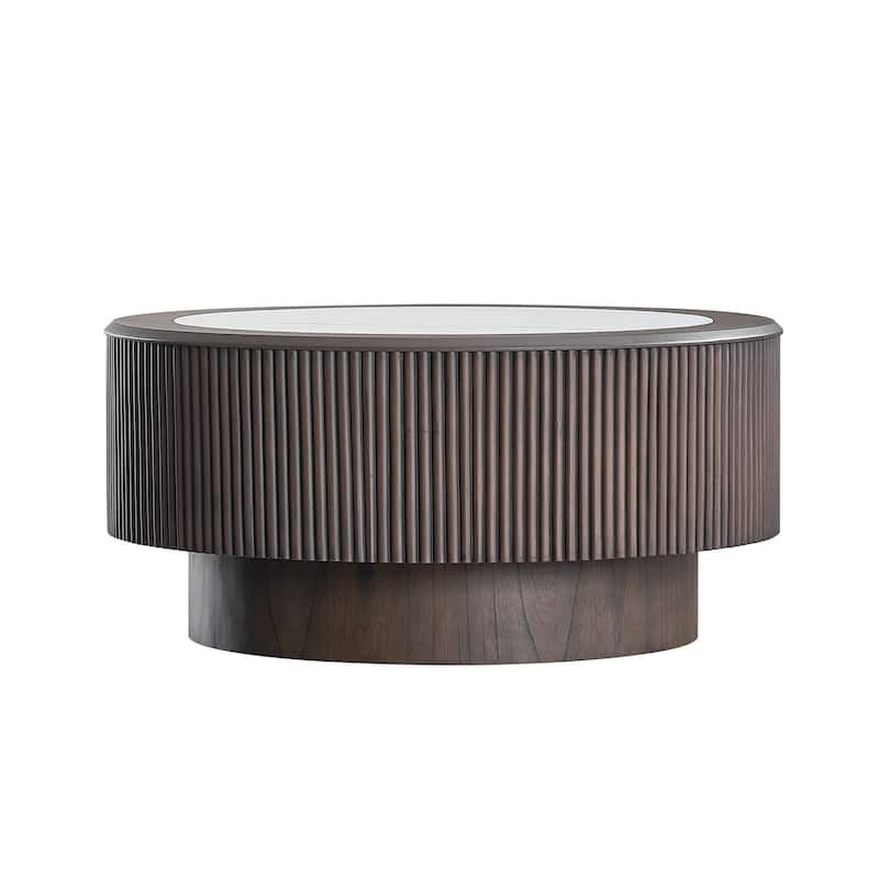 Modern Coffee Table Round Coffee Table with Faux Marble Pattern Stickers and Base, for Living Room, Dark Brown