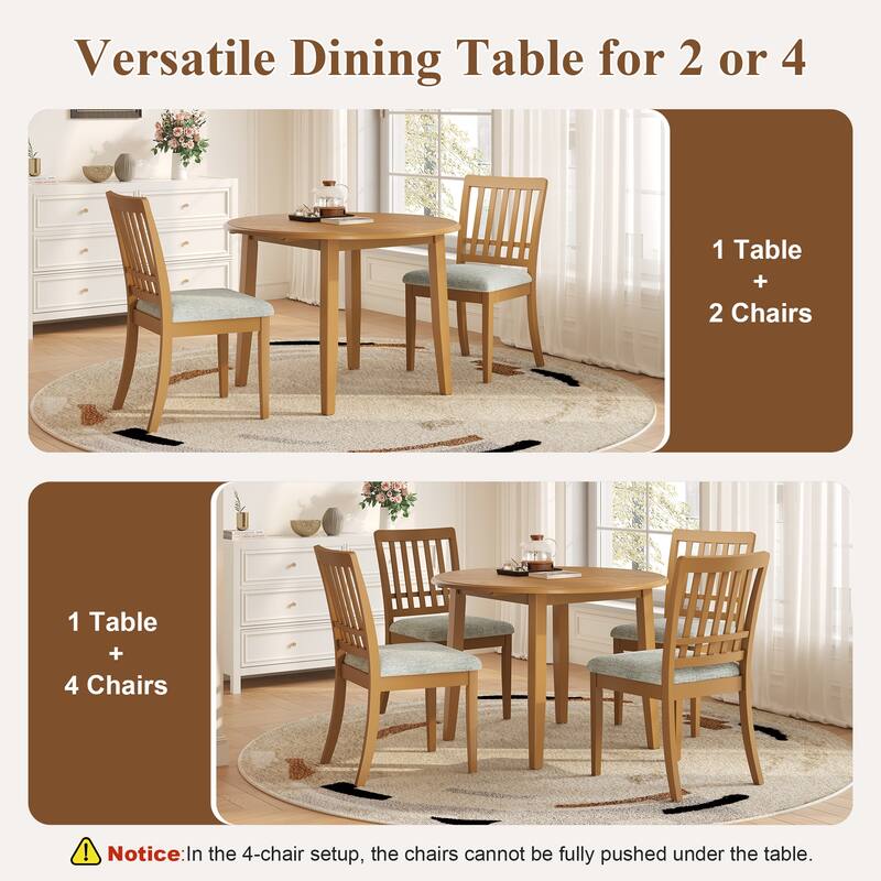 3-Piece Round Dining Table Set for 2 People, 1 Folding Wood Dining Table + 2 Upholstered Chairs, for Small Apartments