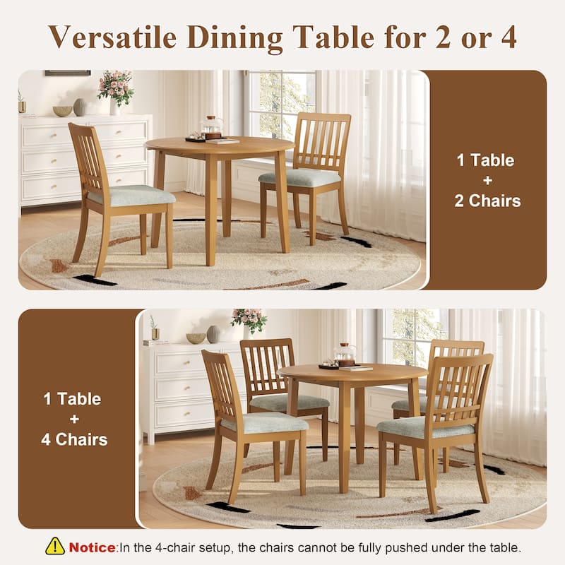 5-Piece Round Dining Table Set for 4 People, 1 Folding Wood Dining Table + 4 Upholstered Chairs, for Small Apartments