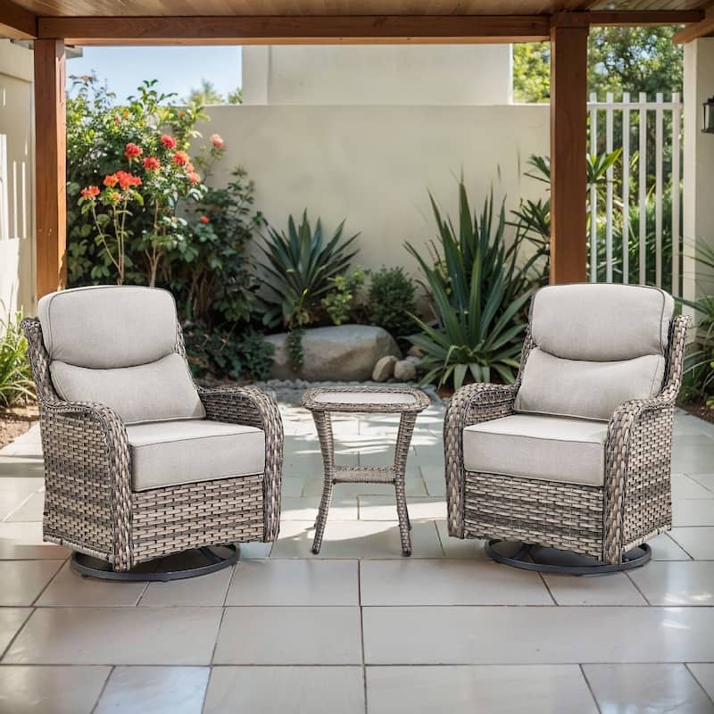 Arcadia 3-Piece Wicker Patio Swivel Glider Chairs with 6-Inch Thick Cushions and Side Table