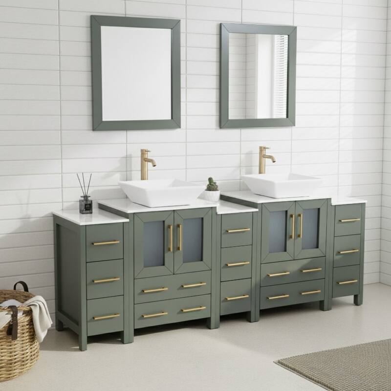 Vanity Art 84-Inch Double Sink Bathroom Vanity Set with Engineered Marble Top and Free Mirror - 84 W X 18.5 D X 31.1 H