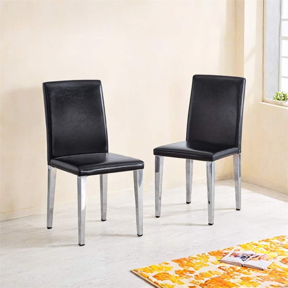 Dining Chairs Set of 2,Black PU Backrest Chairs with Silver Metal Legs