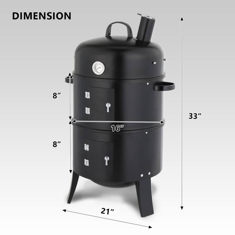 16.5 In. Vertical Charcoal Smoker Charcoal Grill In Black With Thermometer - N/A