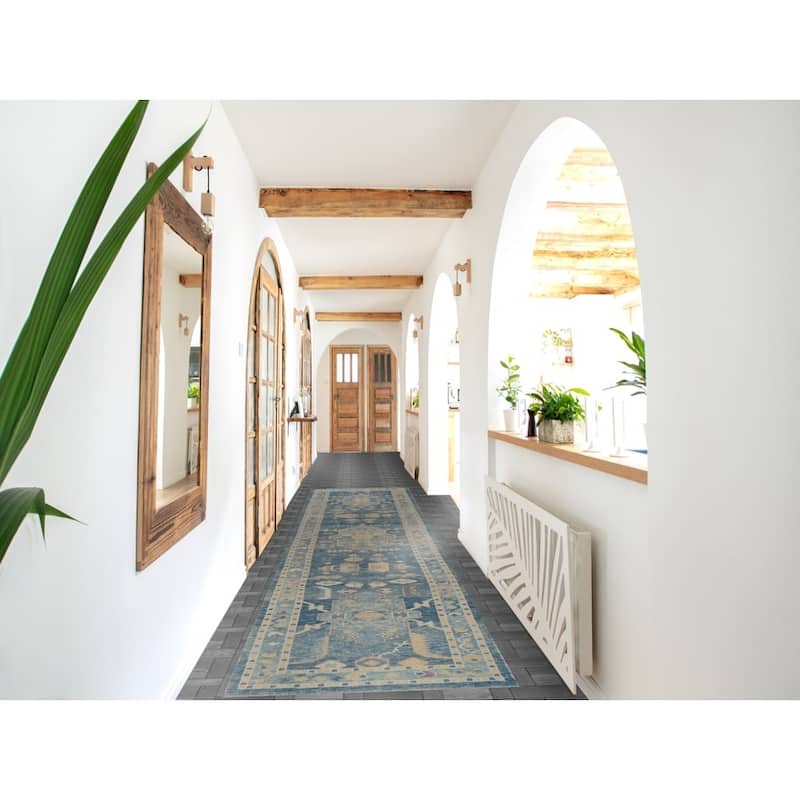 Hand Knotted Oriental 100% Wool Carpet Transitional Geometric Navy Blue & Blues Oushak Runner Rug - 14' 4'' X 2' 10''