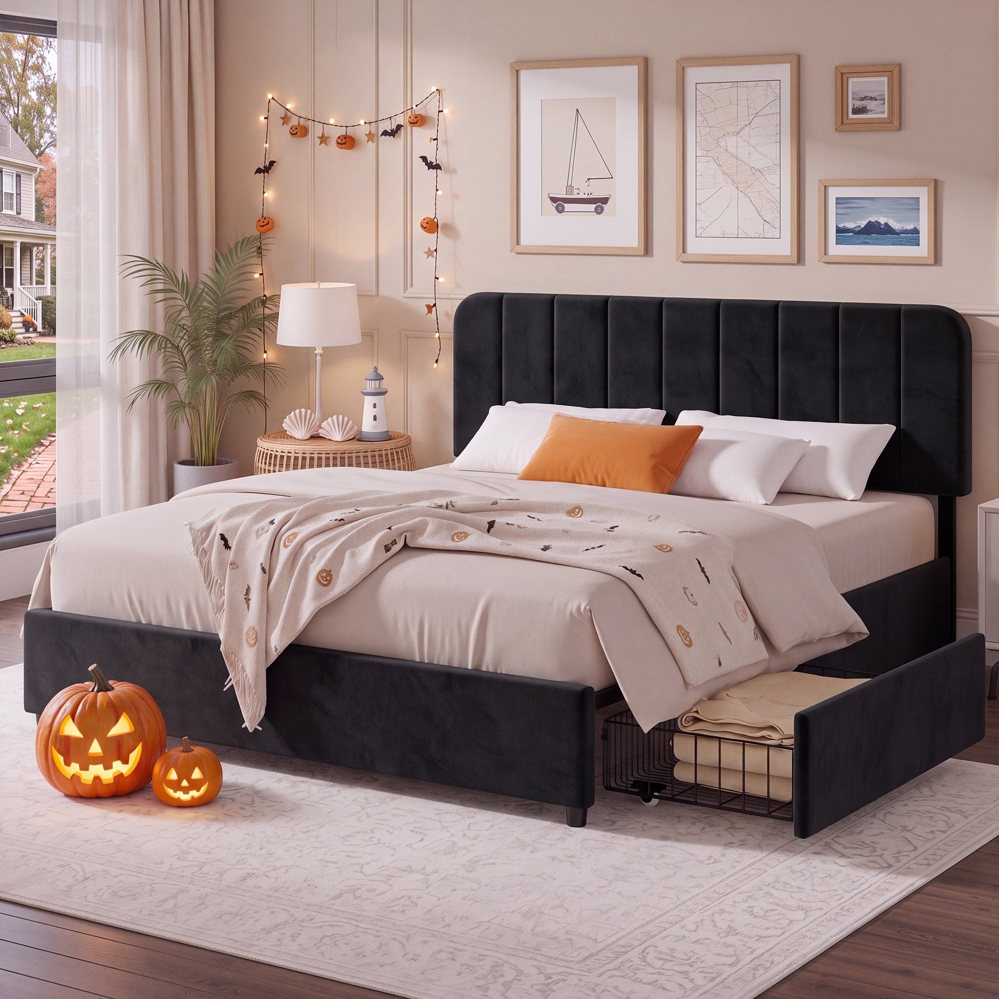 Javlergo Velvet Upholstered Bed Frame with 4 Storage Drawers and Adjustable Headboard No Box Spring Needed