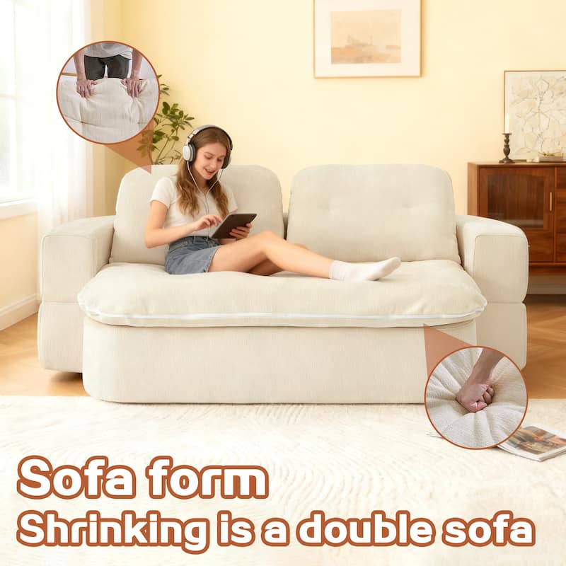 Modern 2-Seater Sofa Sofa Bed with Foldable Sofa Cushions and 2 Throw Pillows, for Living Room and Playroom, Beige