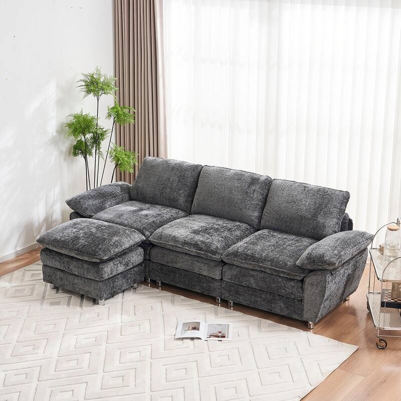 102" Three-seat Chenille L-shaped Sectional Sofa with Ottoman