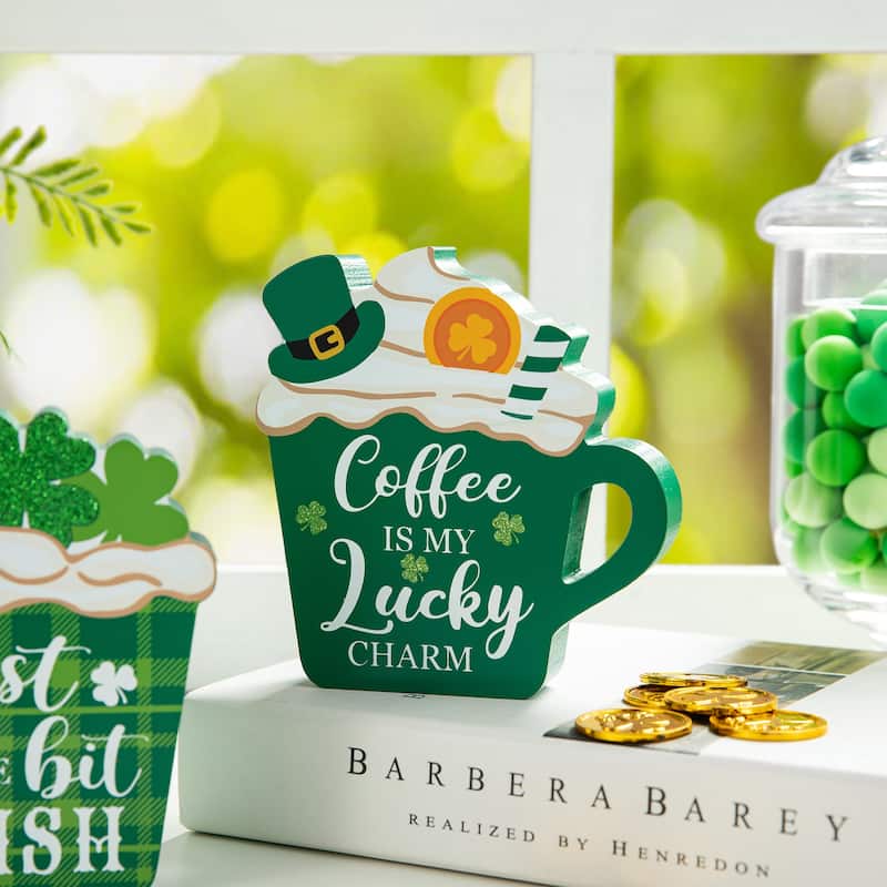 Glitzhome St Patrick's Epoxy Wooden Shamrock Leprechaun Pot of Gold Coffee Cup Table Decor