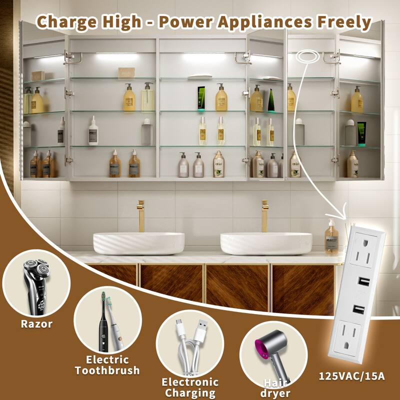 Modland 48-60" Extra Wide LED Medicine Cabinet - Dimmable Tri-Color Lighting,Defogger & GFCI Outlet