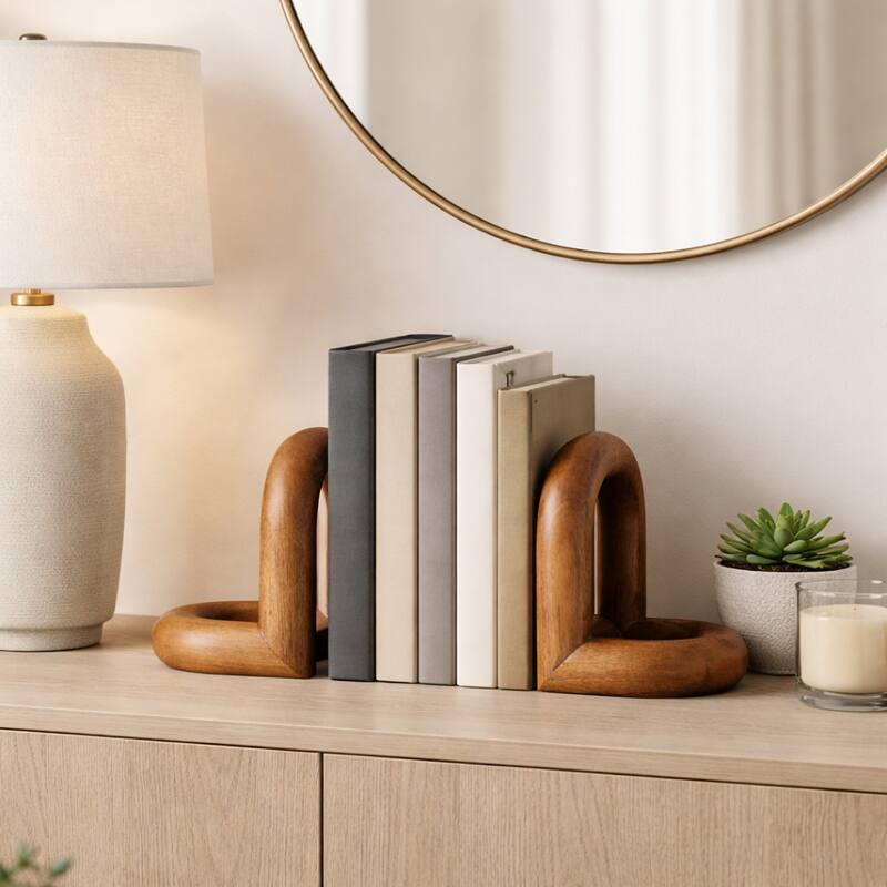 Looped Wooden Book Ends for Desk and Home Decor - Set of 2, 7" - 7.25" - Brown - 7.25"