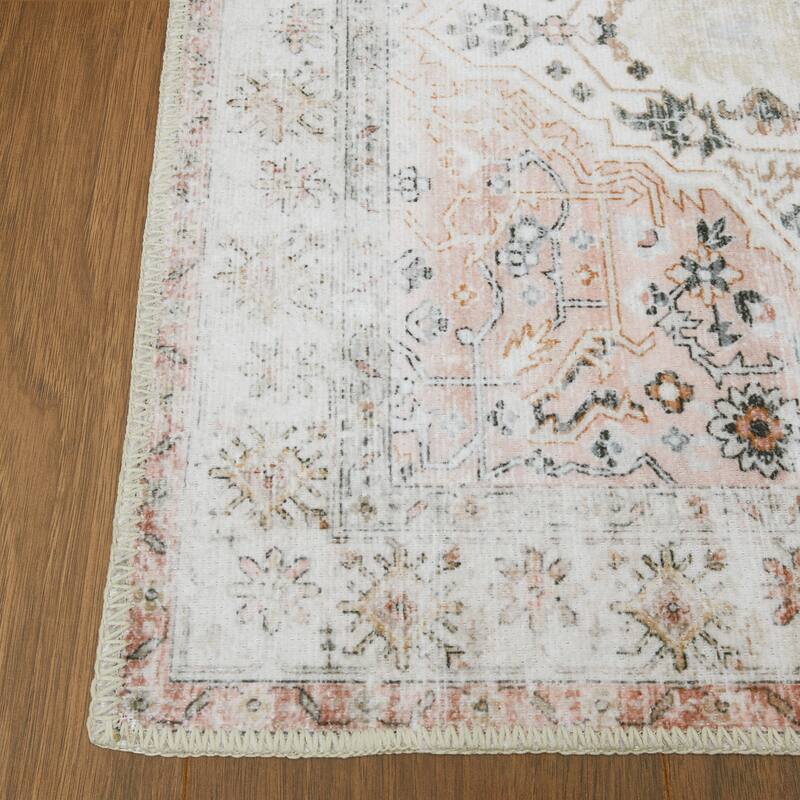 Vintage Medallion Living Room Rug Washable Soft Non-Slip Low Pile Area Rug Indoor Distressed Accent Rug