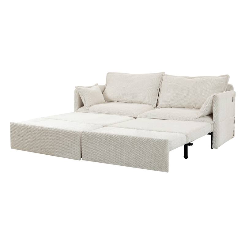 73.6" Corduroy 3-in-1 Convertible Sofa Bed with Pull-Out Sleeper, USB Charging Ports, and Side Storage