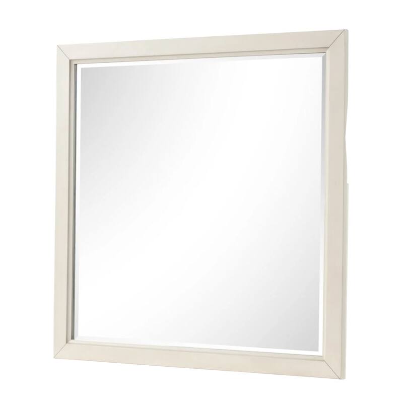 Toi Dresser Mirror, Beveled Glass, Antique White Finished Solid Wood, 38 Inch