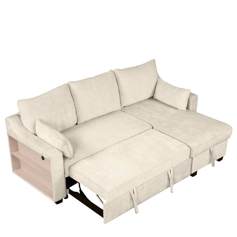 90" Convertible Sleeper Sofa with Storage Chaise, USB Ports, Storage Racks for Compact Spaces