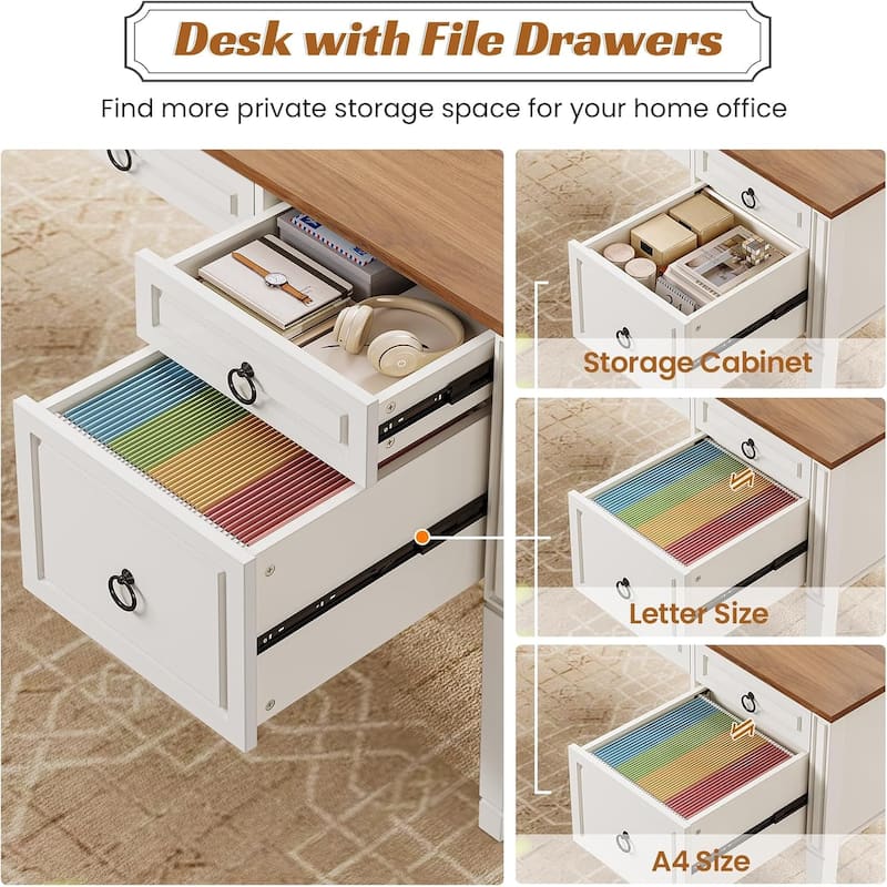 Farmhouse Executive L Shaped Desk Home Office Desk with Drawers and Storage Cabinet & Power Outlet
