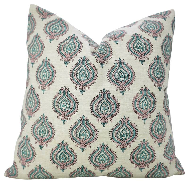 Fabdivine Soft Cotton or Linen Hand Block Print Floral Pillow Cover for Home Décor - Pillow Covers - 12" X 20" - Pink, Turquoise