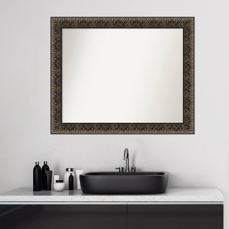 Non-Beveled Wood Bathroom Wall Mirror - Intaglio Embossed Black Frame