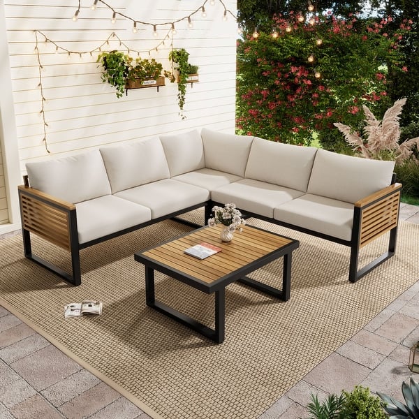 slide 2 of 13, Industrial Acacia Wood & Iron 4-Piece Outdoor Sectional Sofa Set with Table Beige