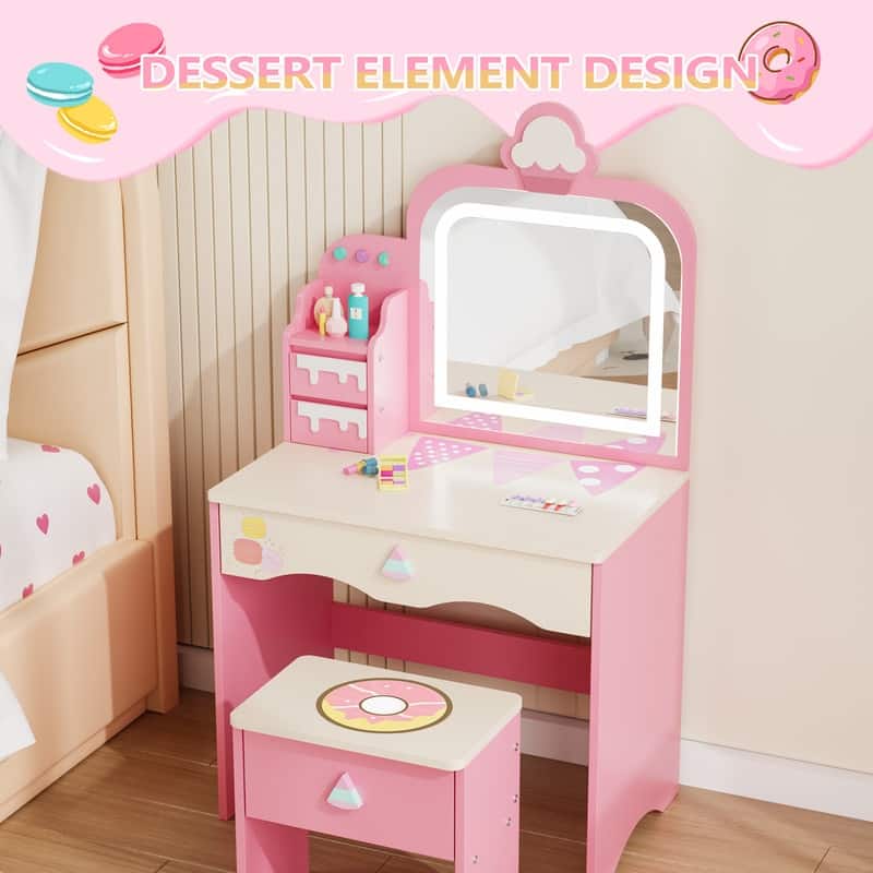 Kids Makeup Desk Vanity Table Set With Cloud-Like Lights And Drawer For Little Girls Ages 3-8 - N/A
