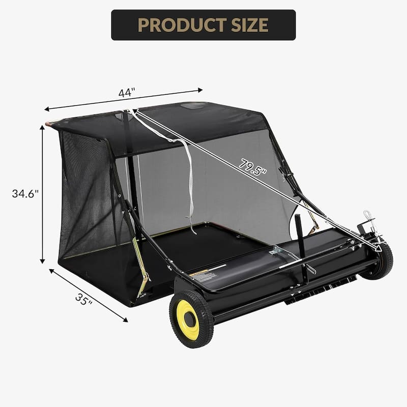 44 in Tow-Behind Grass and Leaf Sweeper Pull-Behind with Large Capacity Hopper Black