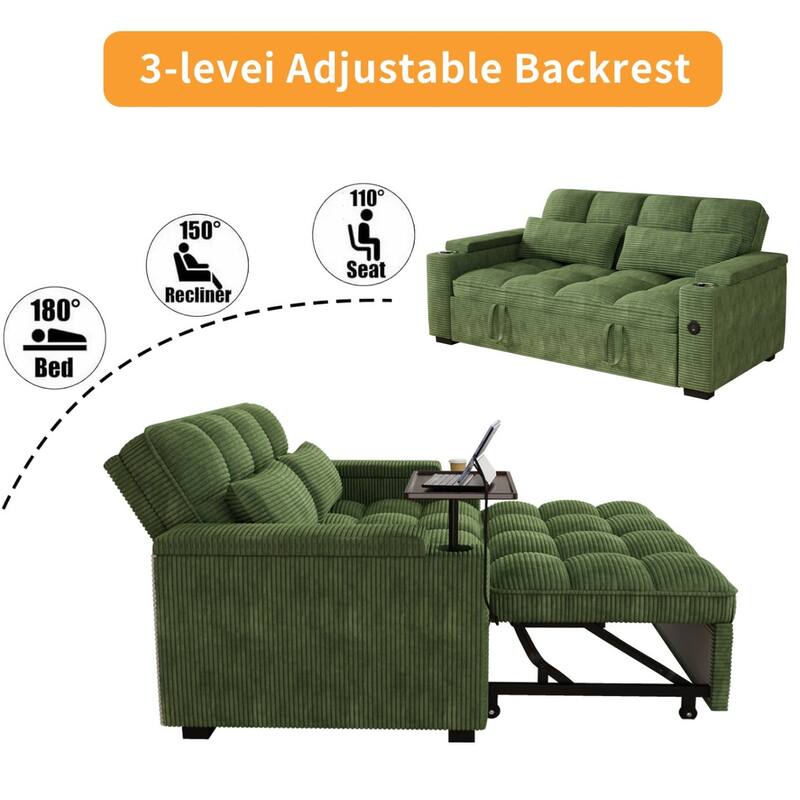 65'' Chenille 3-in-1 Folding Sectional Sofa with 360-Degree Swivel Side Table