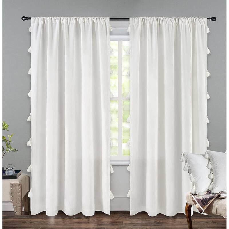 DriftAway Boho Velvet Handmade Tassel Curtain Room Darkening Thermal Insulated Window Curtains - 50"width X 84 "length - Light Ivory