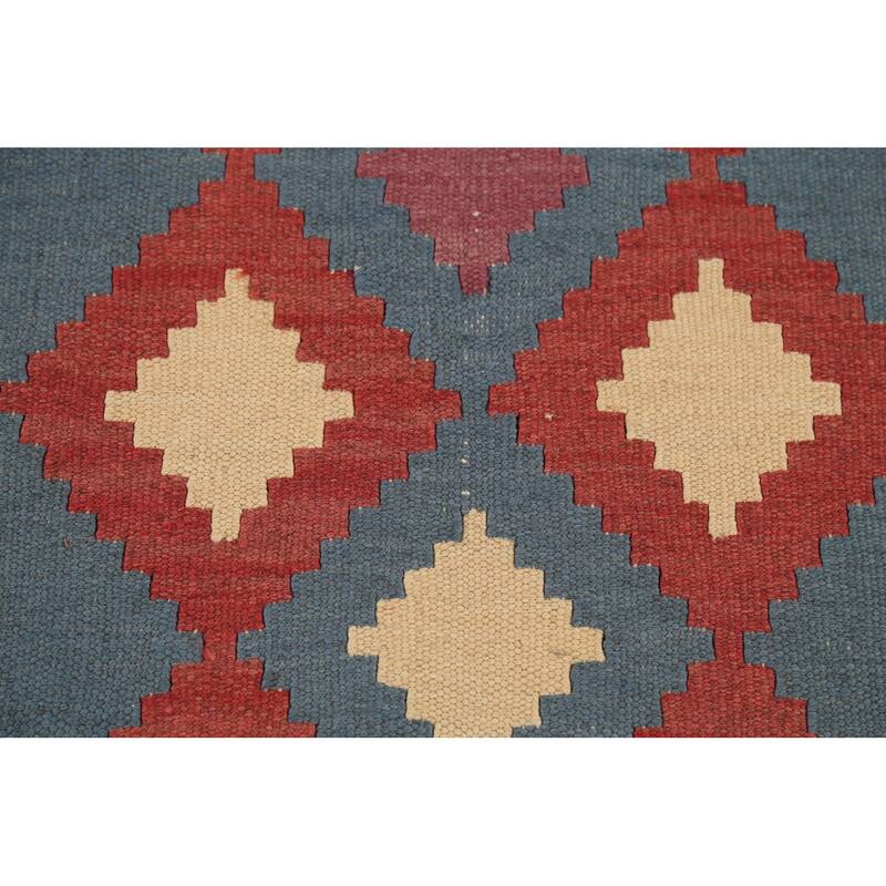 Geometric Blue Flat Weave Kilim Persian Rug Hand-Knotted Wool Carpet - 4'2"x 5'8"