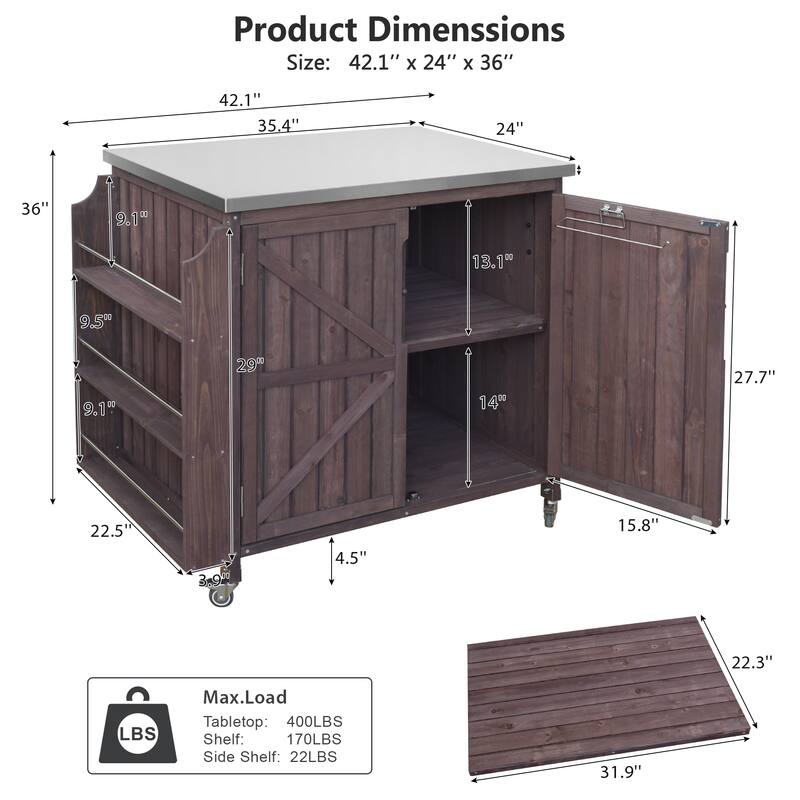 42 Inch Outdoor Kitchen Island Fir Wood Cabinet Stainless Steel Top with Shelf