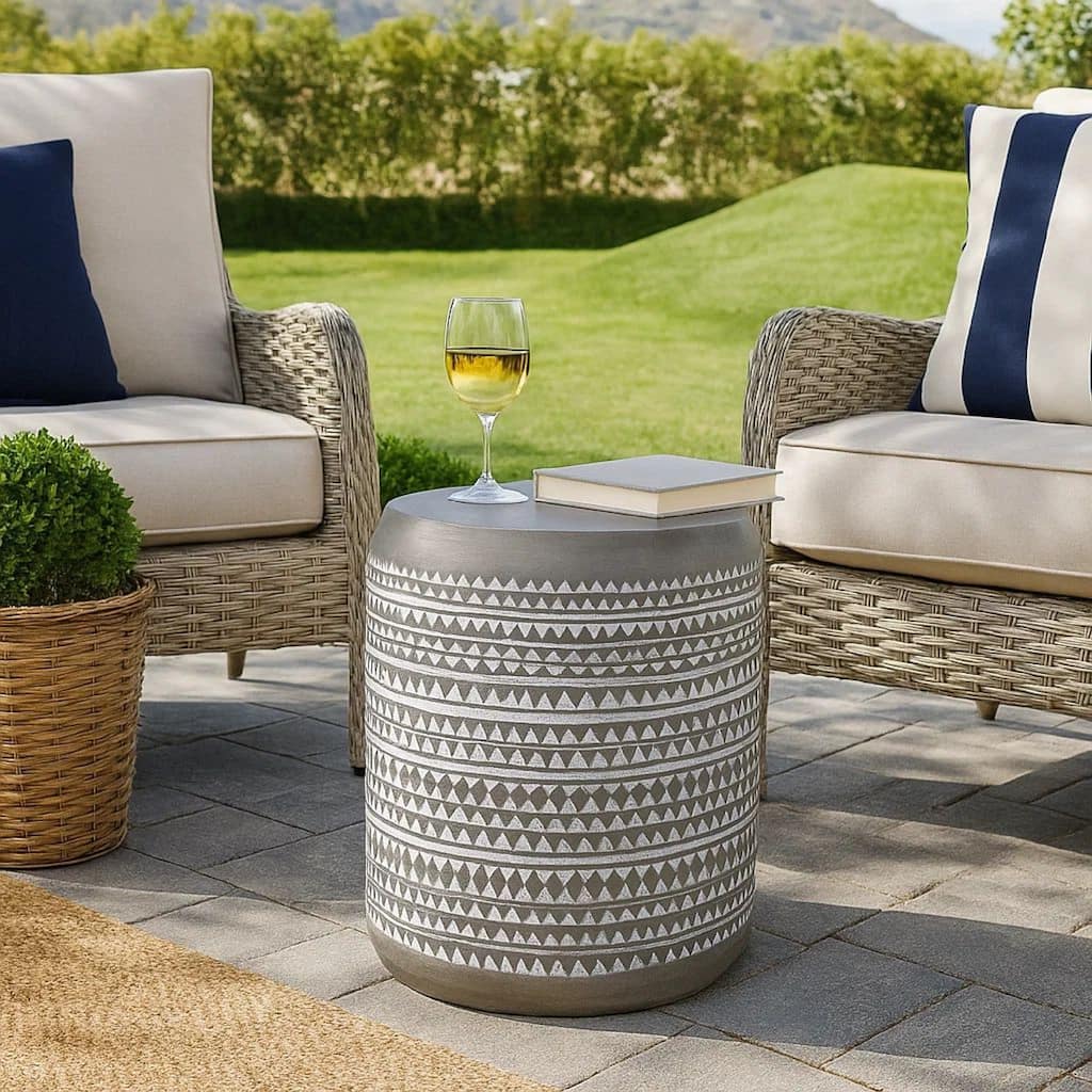 Outdoor End Table, 16 Inch Round Gray Faux Concrete w White Pattern