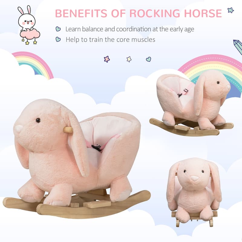 Pink Bunny Rabbit Rocking Horse for Toddlers Plush Seat with Sound Effects Safe and Sturdy for Ages 18 to 36 Months