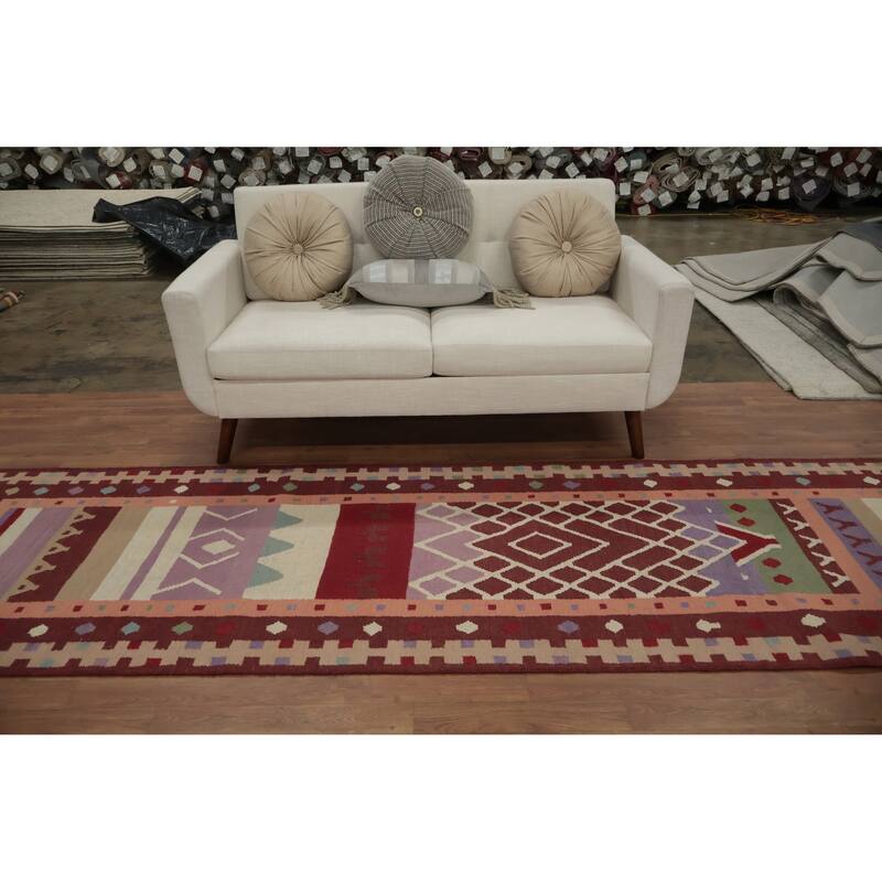 Hand Woven Oriental 100% Wool Carpet Southwestern Tribal Multi-Colored Kilim Runner Rug - 12' 10'' X 3' 2''